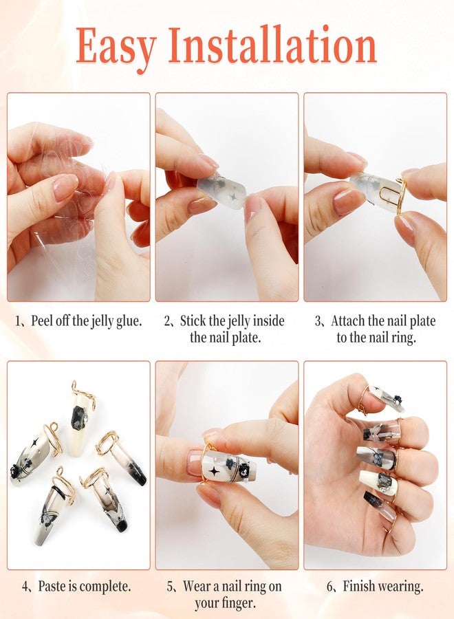 Heemeei Size Adjustable Nail Rings with 120Pcs Adhesive Tabs, Reusable Detachable Rings for Halal Nail, Muslim Wearing Manicure (Gold, Black) - Image 4
